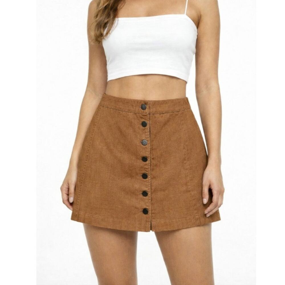 Forever 21 Mini Skirt Brown Button Front Women's Size M Earthy Boho Retro
